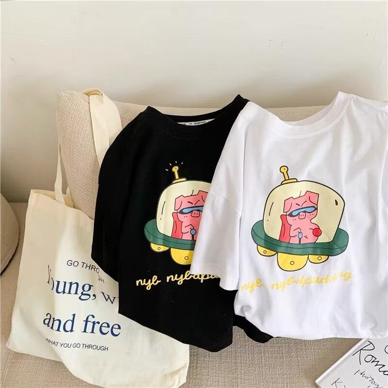 Новая летняя модная свободная футболка с короткими рукавами и принтом, детская футболка, топы