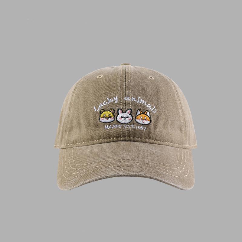 Washed retro hat women's new cartoon animal embroidered baseball cap sweet sunshade duck tongue
