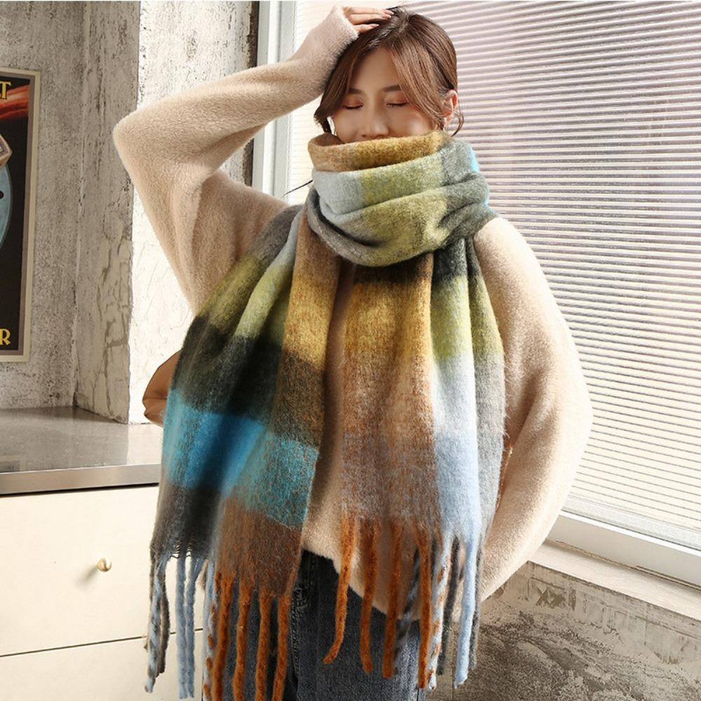 Versatile Four Color Cashmere Scarf Long Tassel Rainbow Winter Plaid Shawl 2023 Thickened Scarf