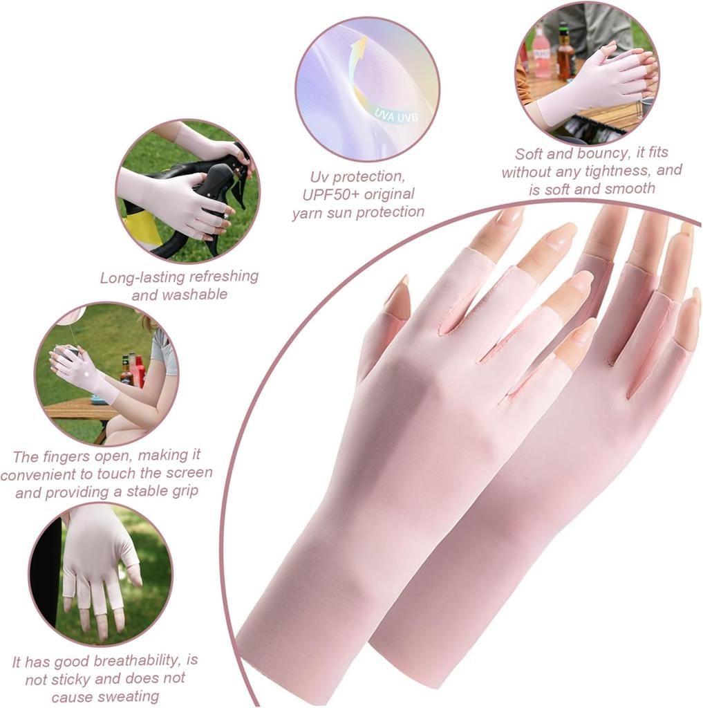 2 pairs, sunscreen manicure gloves, women's summer thin breathable outdoor bicycle driving, ice silk gloves, pink + skin tone