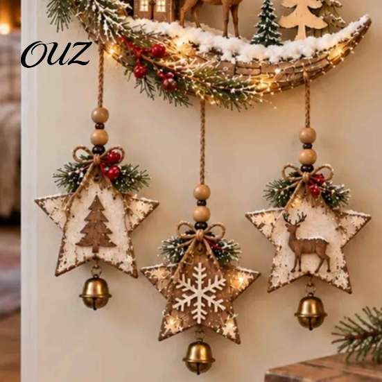 Decorative Moon Sculpture for Shelf Lighted Crescent Wall Decor with Stars Pendants, Rustic Wooden Hanging Pendant Light Bedroom LED Light, Farmhouse