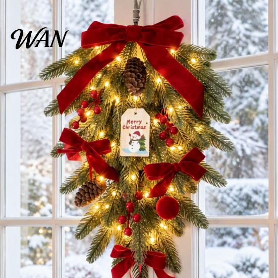 Christmas Teardrop Swag with LED Lights, Artificial PE Pine Hanging Decoration Reusable Gift for Friends Red Bow Pinecones Berries Front Door