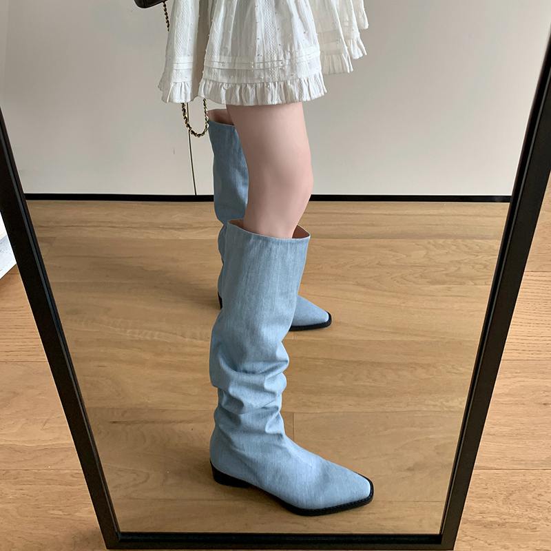 Krazing Pot Джинсовая осенне-зимняя обувь, круглый носок, толстый средний каблук, без шнуровки, плиссированные сапоги в стиле вестерн, женские сапоги до бедра