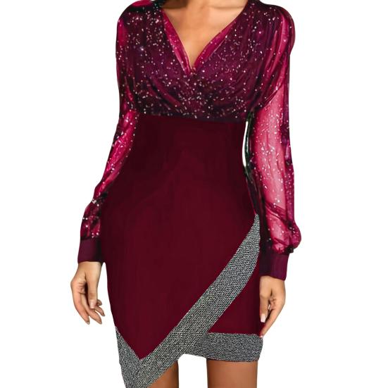 Женское платье весна-осень с V-образным вырезом, рукавами-фонариками, неровным подолом, прозрачной сеткой, пайетками, в стиле пэчворк, сверху