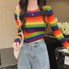 2025 Приталенный корейский свитер с радужными полосками, открывающий пупок