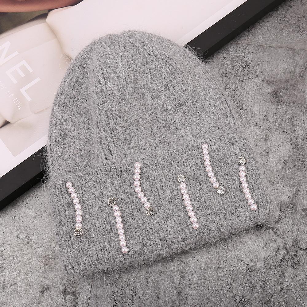 Autumn and winter new fashion rabbit hair blended rhinestone pearl installation versatile knitted hat outdoor simple warm wool hat