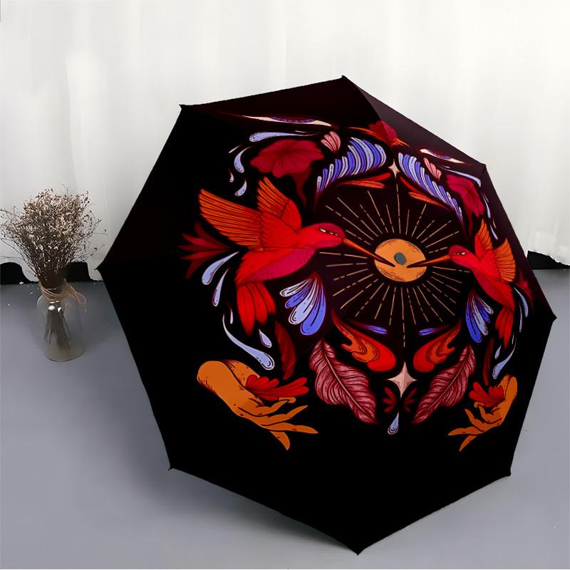 1pc Hummingbird Mandala Automatic Open/close Folding Compact Umbrella, 8-Rib Sturdy Canopy, Lightweight Portable, Everyday Use, Gift, Outdoor Umbrella
