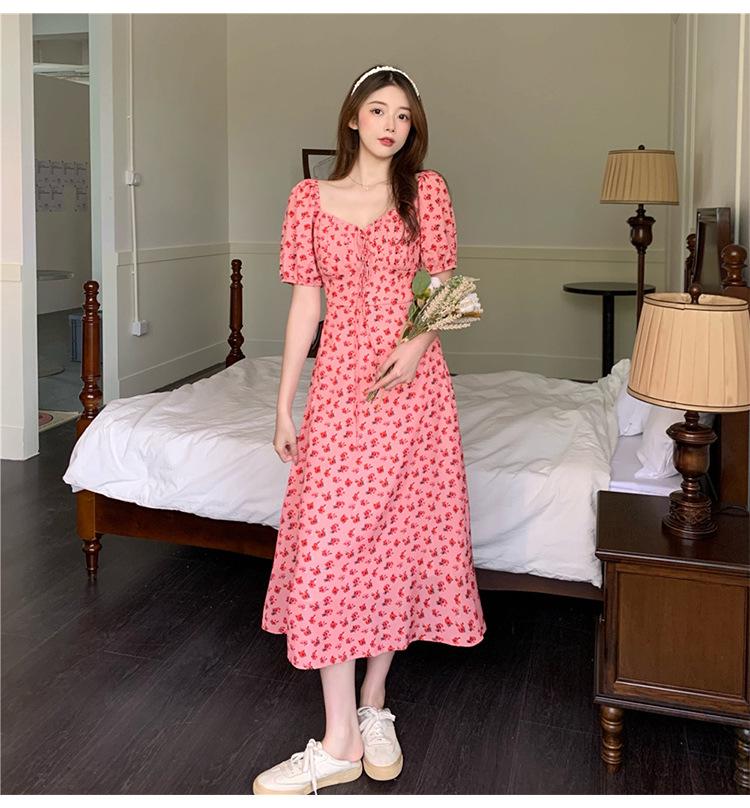 Plus-Size French Floral Chiffon Dress: Summer Puff Sleeve Waist Fairy Skirt