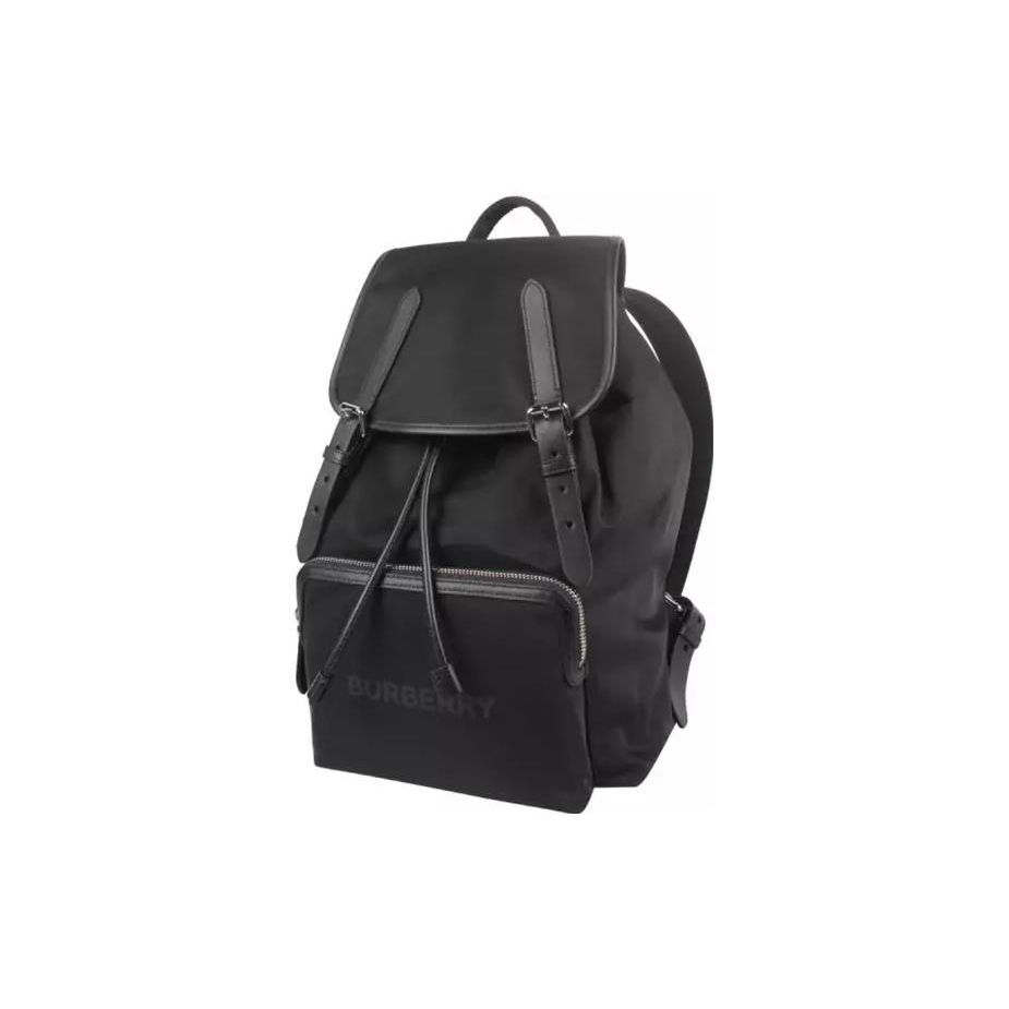 Burberry Black Nylon Drawstring Backpack With Leather Trim & Front Pocket For Daily Use