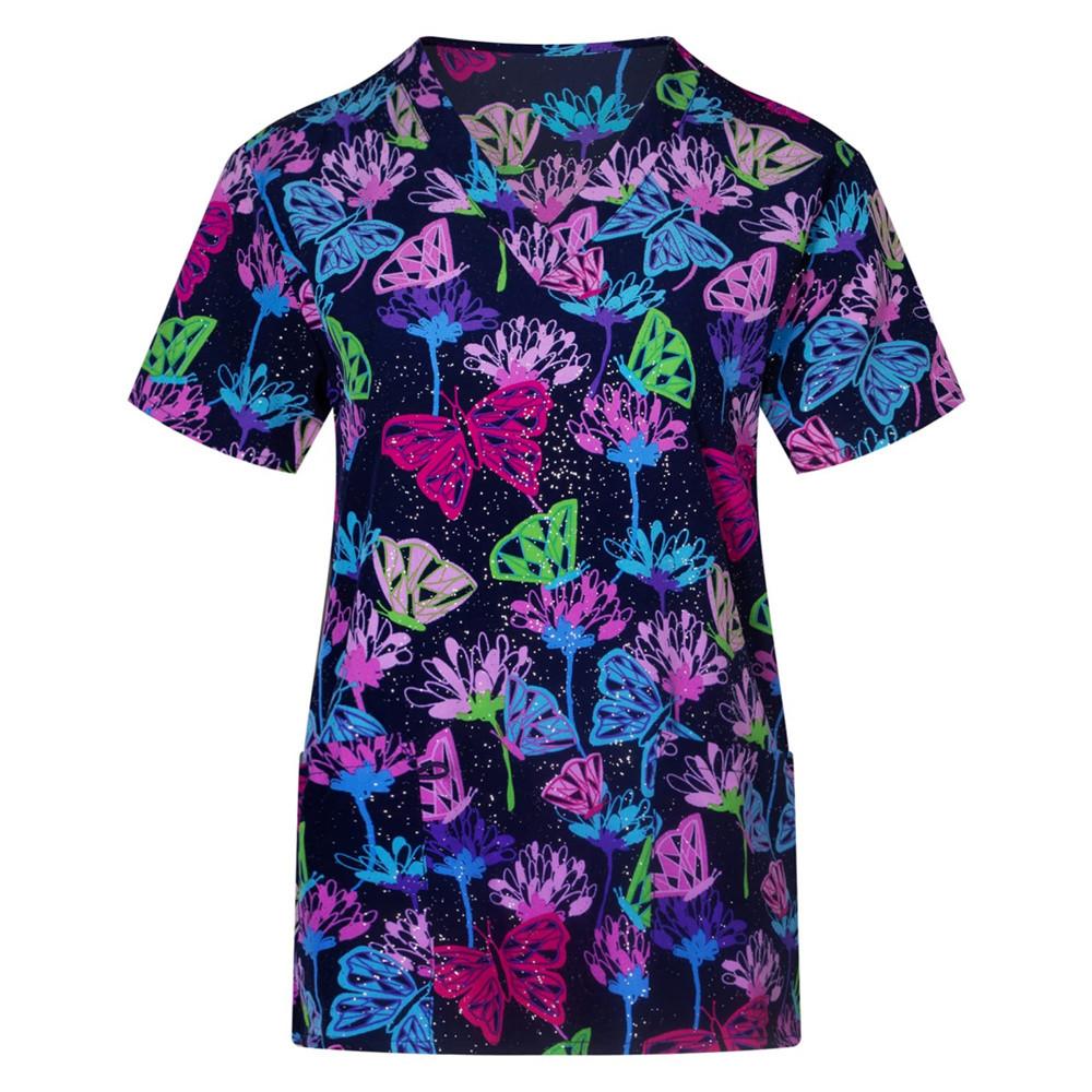 Женские топы с короткими рукавами и карманами, рабочая униформа, футболки с принтом «Цветок и кошка», униформа, халаты с короткими рукавами для женщин