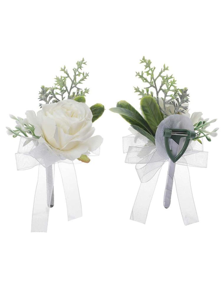 4Pcs Ivory Rose Wrist Corsage and Boutonniere Set Wristlet Band Bracelet and Men Boutonniere for Wedding Accessories Prom Suit Decorations