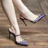 Summer New Pointed Rhinestone High Heel Thin Heel Purple Word Strap Sandals Half Drag Cool Slippers Outer Wear Women