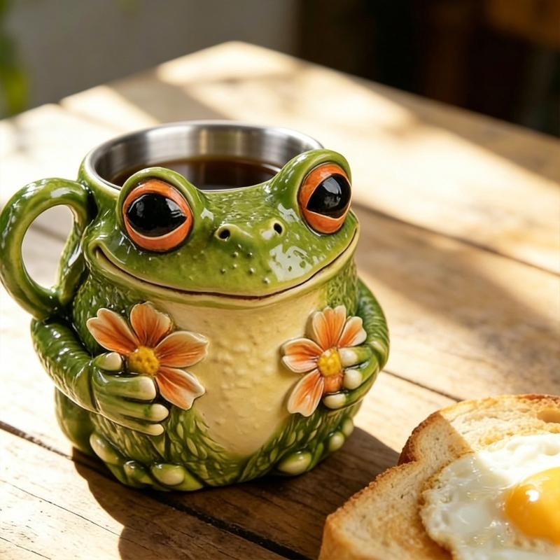 Элегантная керамическая кружка для кофе с рисунком из лягушек и цветов, чашка для напитков для дома и офиса с удобной ручкой