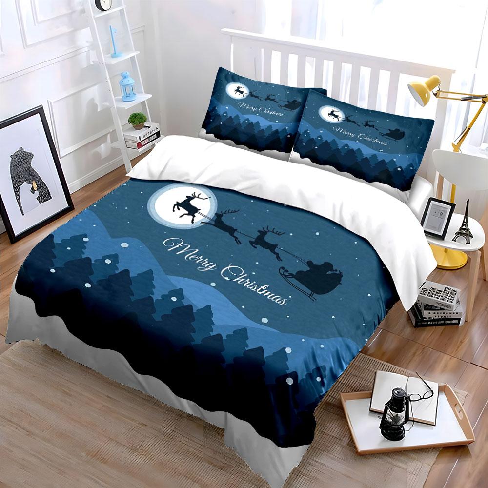 Santa Sleigh and Reindeer Scene Bedding Duvet Cover Set Duvet Cover Pillowcases (1*Duvet Cover 2*Pillowcases, without duvet insert)
