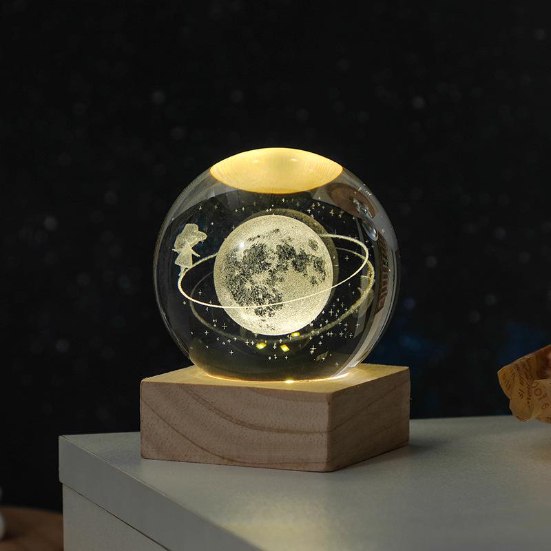 3D Solar System Crystal Ball Night Light with Wooden Base - Luminous Desktop Home Decor & Birthday Gift