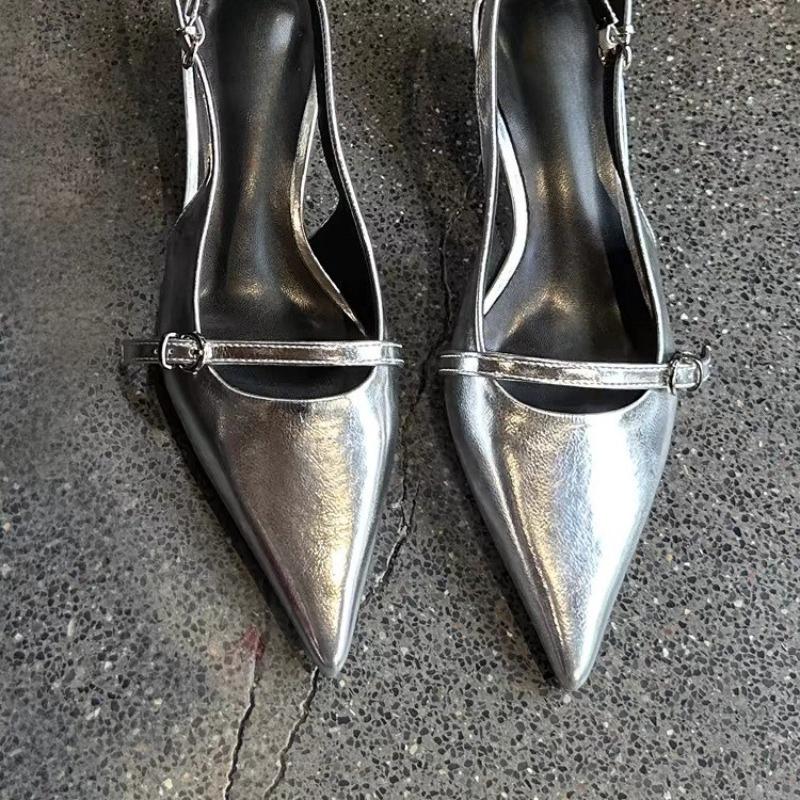 Fashion Baotou Sandals Summer New Pointed Head Shallow Mouth Metal Buckle A Line with Anti-slip Wear-resistant Heel Shoes