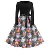 Women's Casual Long Sleeve Round Neck Dress Vintage Style Halloween Print Skater Dress with Waist Tie Belt Retro Swing Midi Dress