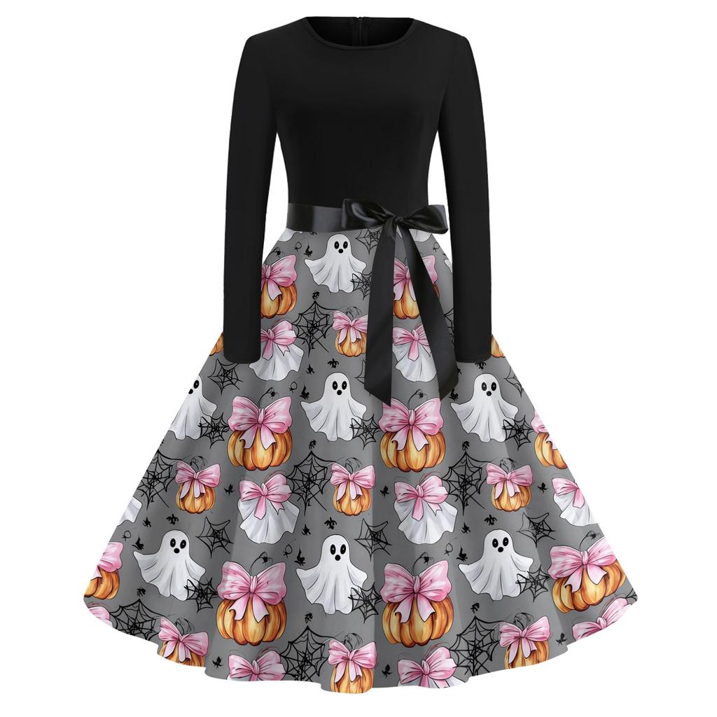 Women's Casual Long Sleeve Round Neck Dress Vintage Style Halloween Print Skater Dress with Waist Tie Belt Retro Swing Midi Dress