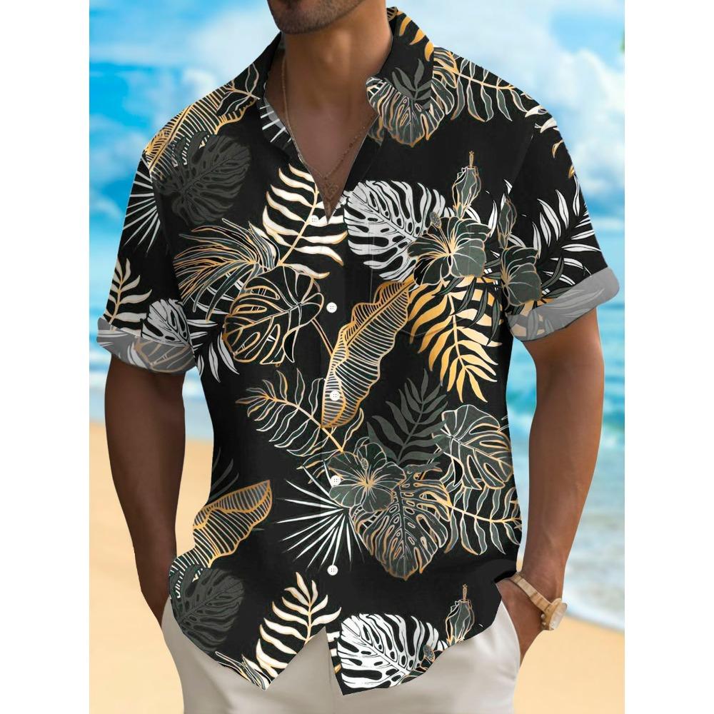 Hawaiian Plant Golden Leaves 3D Print Men's Hawaiian Shirt Outdoor Street Casual Summer Turndown Short Sleeve Polyester Shirt