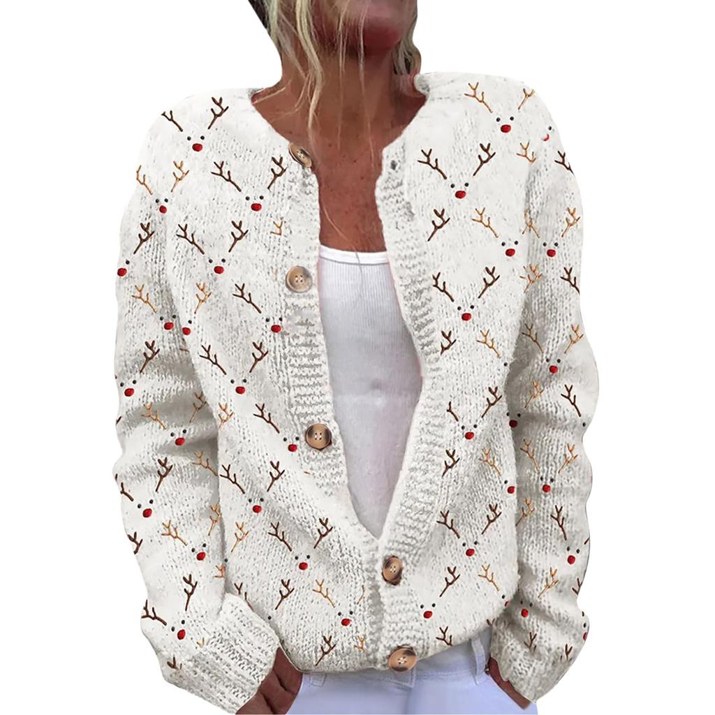 Women's Fashion Christmas Printed Long Sleeve Knitted Cardigan Button Down Jacket