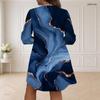 Women Plus Size V Neck Long Sleeve Printed Dress Teal Dark Blue Gold Loose Fit Curved Hem