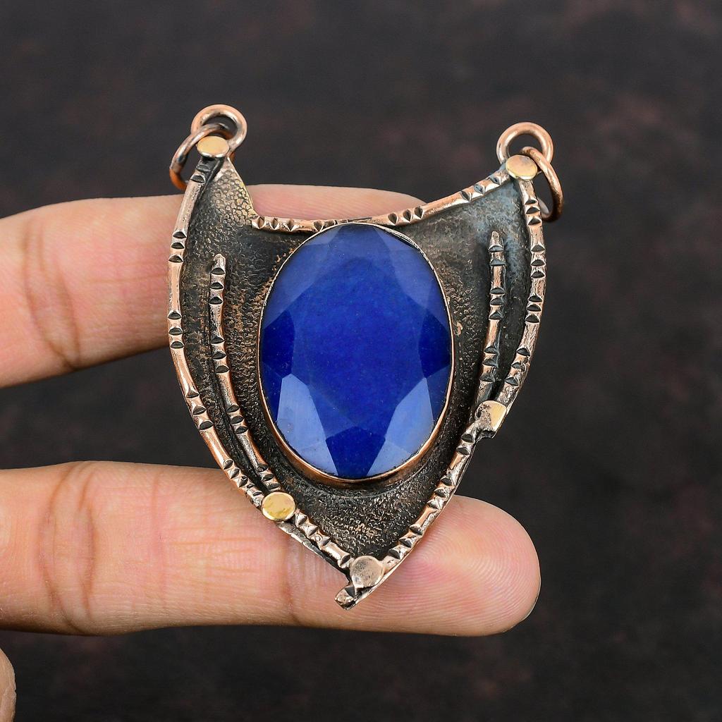 Ограненный Синий Сапфир Подвеска Медный Подвеска Подвеска из Натурального Драгоценного Камня Ювелирные Изделия Ручной Работы Подвеска Новейшего Дизайна Медные Ювелирные Изделия Подарок На Годовщину