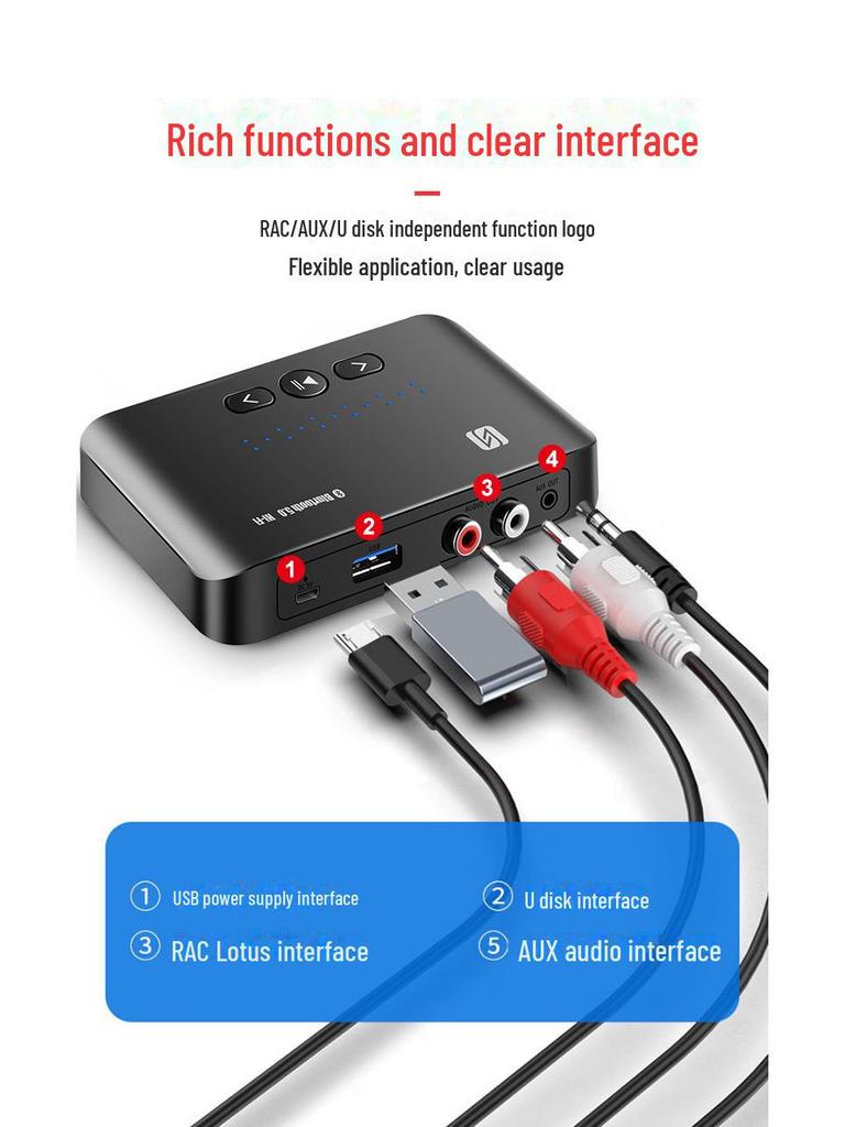 Адаптер Bluetooth-приемника NFC 5.0 без потерь для аудио усилителей и динамиков с разъемами 3,5 мм, RCA и совместимостью с USB-флеш-накопителем