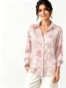 Women's satin lapel long-sleeve shirt with art big flower print on light orange base, simple elegant, for daily commuting and outing