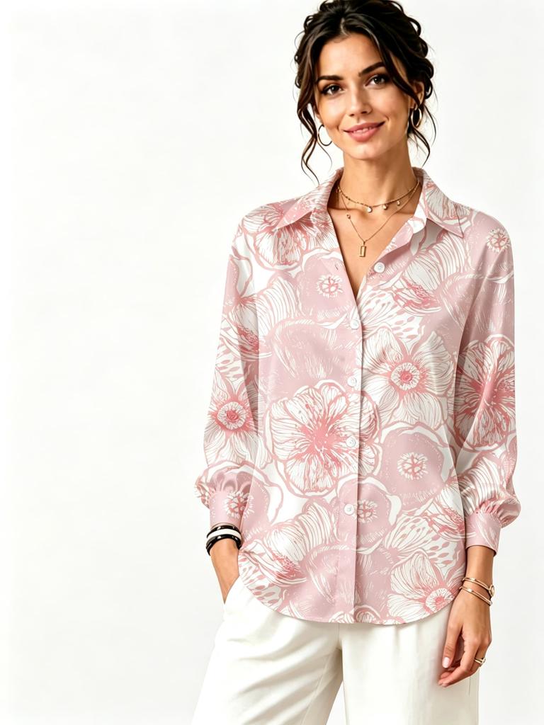 Women's satin lapel long-sleeve shirt with art big flower print on light orange base, simple elegant, for daily commuting and outing