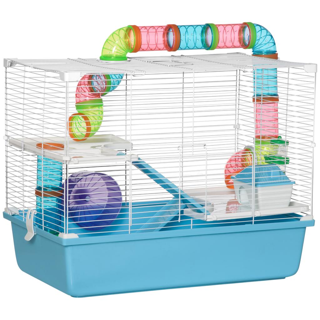 3-level hamster/rat/rodent cage with tunnel, water bottle, wheel, small house, and ladders. Dimensions: 59L x 36W x 47H cm