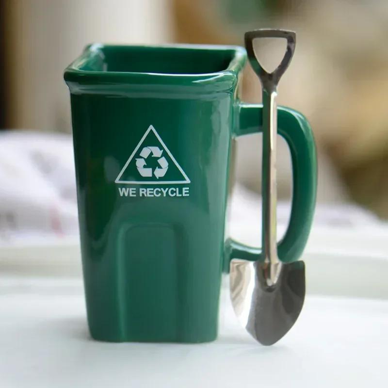 Square Trash Can Ceramic Mug Green Recyclable Bucket Water Cup Fun Creative Exotic Coffee Cup Latte Coffee Cup Cute Coffee Mug