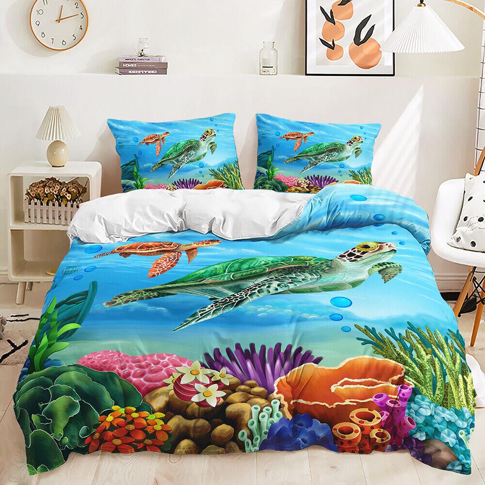 Marine Life Ocean Turtle Sea Dolphin Fish Anchor Doona Duvet Quilt Cover Bed Set