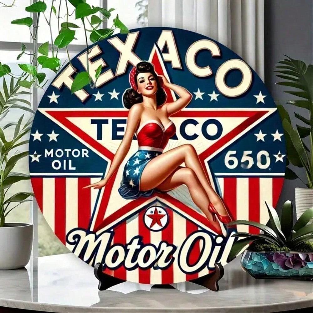Винтажная вывеска Texaco Газовое масло Ретро Алюминиевая Круглая Металлическая Настенное искусство для Гаража Мужской пещеры Бара