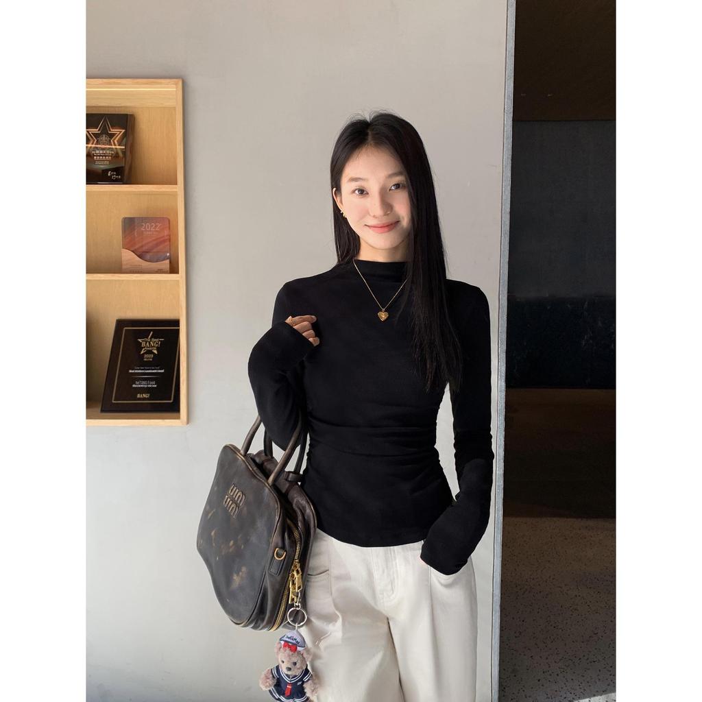 Женская облегающая бархатная плиссированная многослойная рубашка - воротник-стойка, длинный рукав, короткий стиль для осени/зимы