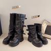 Женские осенне-зимние ботинки-брюки на толстой подошве с высотой 6 см, детские длинные сапоги, толстый каблук, ремень с пряжкой, средняя голень, сапоги со сборками