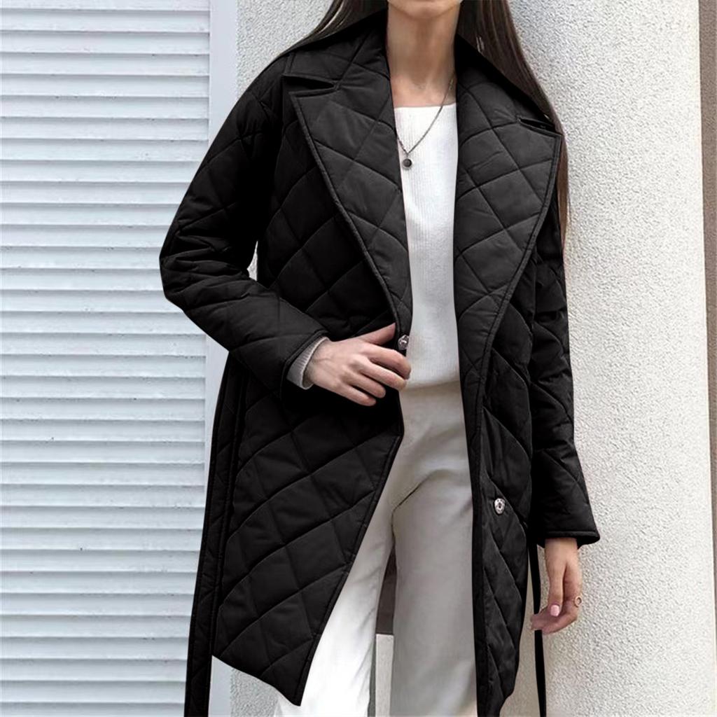 Женский осенне-зимний пояс средней длины, модный пуховик с ромбовидной решеткой и лацканами на талии