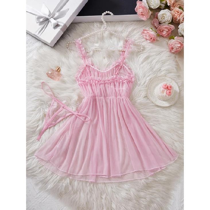 Women Perspective Mesh Nightdress Bow Wrapped Around Chest Pink Sexy Babydoll With Thong Erotic Sexy Lingerie Valentine Day Gift