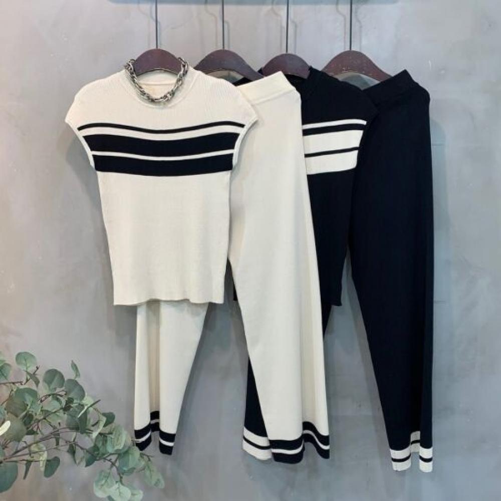 C S In The Room Fru lIne Cap Sleeve Knit bandIng Wide pantS Set 2Color