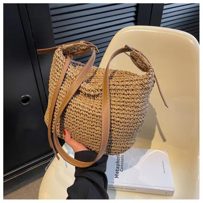 Large Capacity Straw Bag Summer Bucket Hand-woven Tote Luxury Design Women's Handbag Bohemian Style Shoulder Crossbody Bags