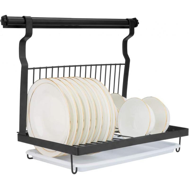 Wall Mounted Foldable Dish Rack With Hanging Rod Drip Tray Stainless Steel Black Modern Kitchen Organizer