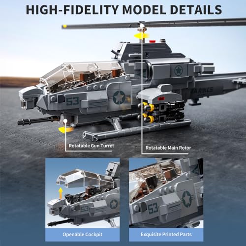 MISINI M8024 AH-1W Super Cobra Военный вертолет с вооружением, Набор строительных блоков, 958 деталей, Военный, Средний размер 1:Набор строительных блоков "Вертолет" масштаба 1:35, Идеальный