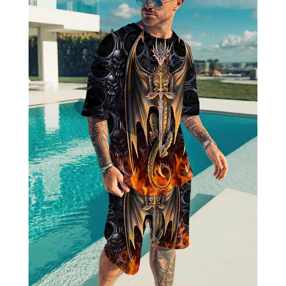 Летний комплект из 2 предметов с шортами с рисунком льва и свирепого зверя, повседневные уличные футболки и шорты, спортивный костюм с круглым вырезом и 3D-принтом