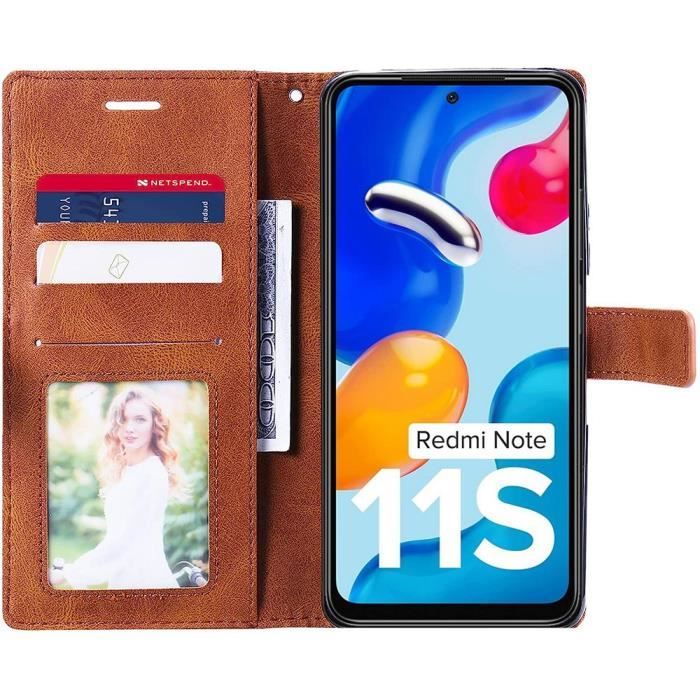 Coque pour Xiaomi Redmi Note 11S + 2 Verres Trempés, Effet Cuir Antichoc Intégral Marron