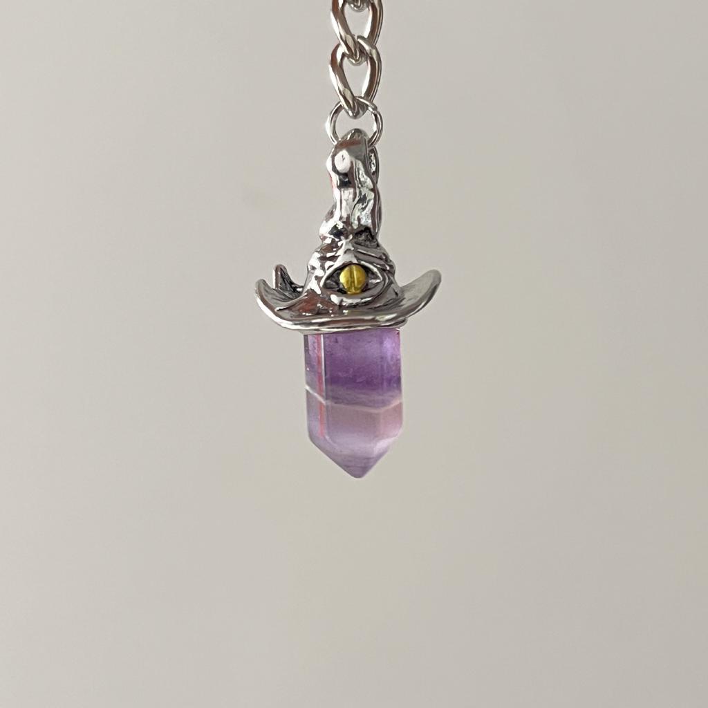 Yuji Retro Style Natural Amethyst Hexagonal Column Witch Hat Pendant, Niche Unique Simple Pendant