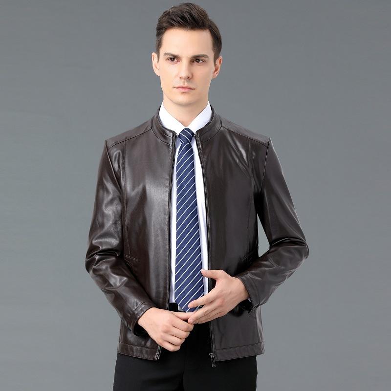 Мужская куртка из натуральной кожи, мужская куртка из овчины с воротником-стойкой, повседневная осенне-зимняя модная кожаная куртка для пап среднего возраста