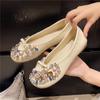Модная плоская обувь Осенняя новинка Круглый носок Мелкий вырез Слипоны Стразы Бант Нескользящая Обувь с низким верхом
