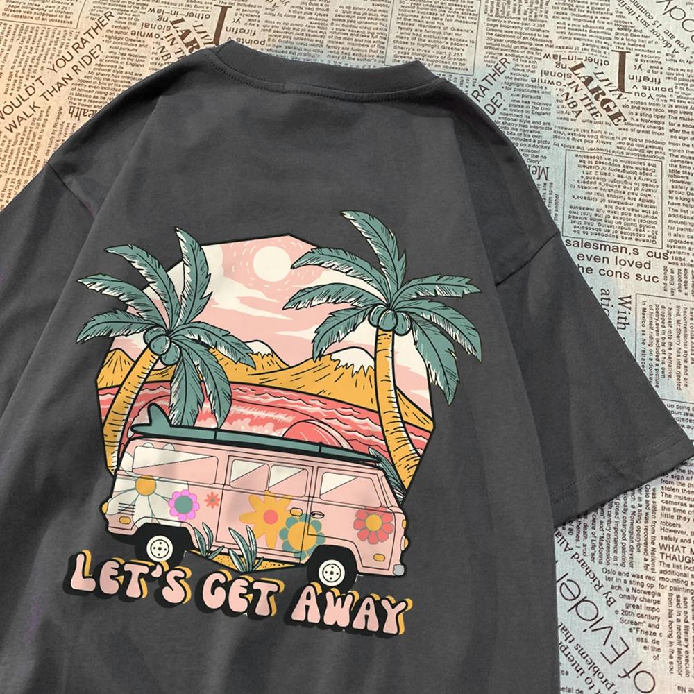 Давайте уедем, поедем на автобусе, поедем в отпуск, напечатанные мужские футболки Harajuku, дышащая футболка, летняя одежда, модная свободная футболка