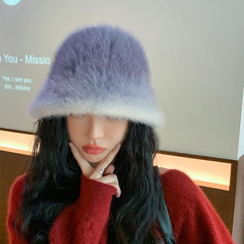 Fisherman Hat Women's Autumn and Winter Warm and Fashionable Gradient Color Rabbit Fur Basin Hat Showing Face Small Plush Bucket Hat