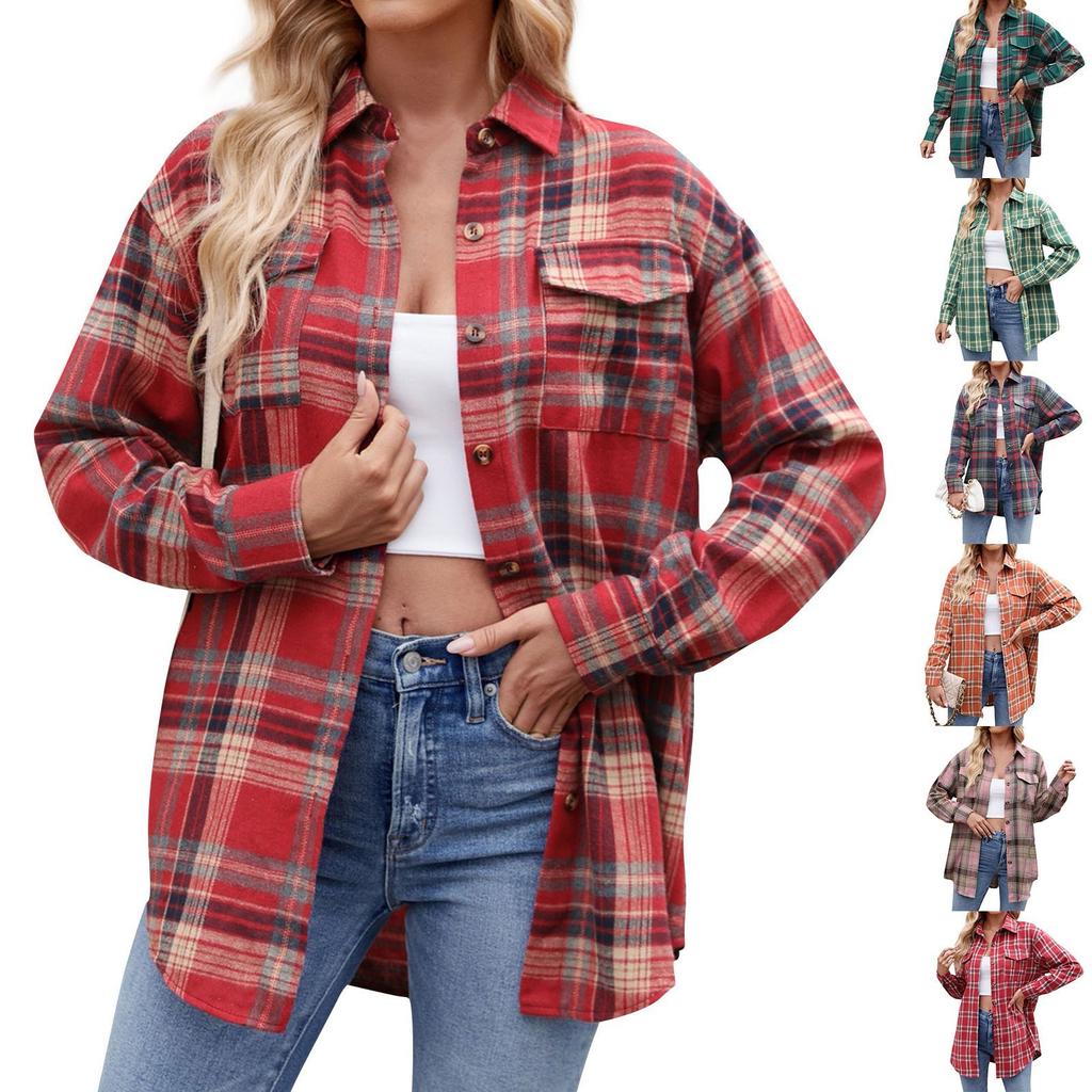 Women's Fashionable Wide Plaid Long Sleeved Loose Button Pocket Shirt Jacket