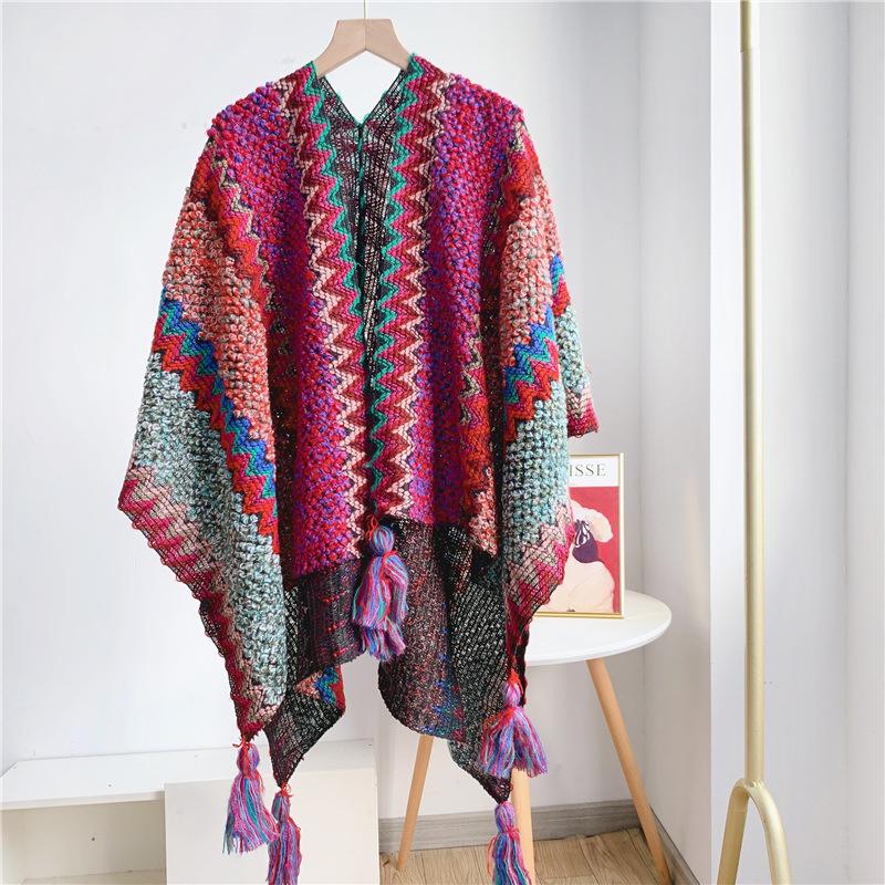 Ethnic Style Knitted Poncho Cape Vintage Bohemian Tassel Cloak Warm Shawl Travel Coat Cardigan Sweater